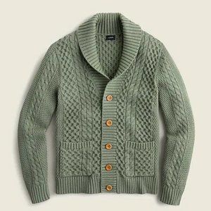 J Crew Cotton Cable Knit Pale Green Shawl Collar Cardigan Fisherman Sweater in M